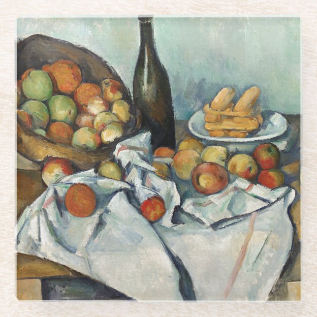 Still Life Apples Basket Cezanne Painting Art Glass Coaster (Front)