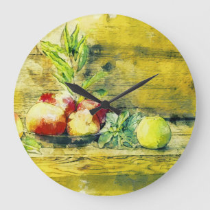 Still Life Apples In Bowl Rustic Large Clock