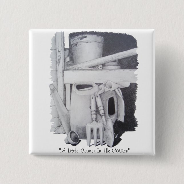 Still life drawing of garden tools for gardeners 15 cm square badge (Front)