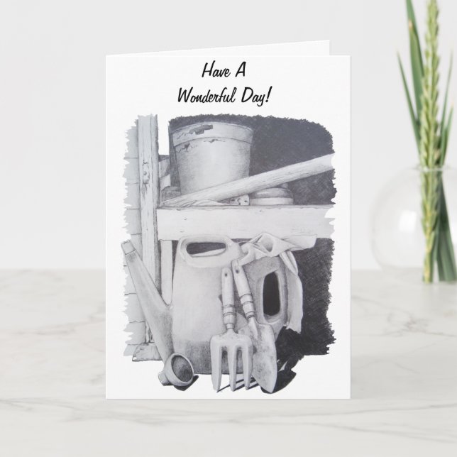 Still life drawing of garden tools for gardeners card (Front)