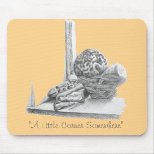 Still life drawing of sea shells, pebbles & basket mouse pad