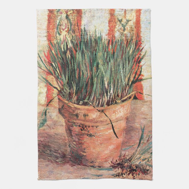 Still Life Flowerpot w Chives by Vincent van Gogh Tea Towel (Vertical)