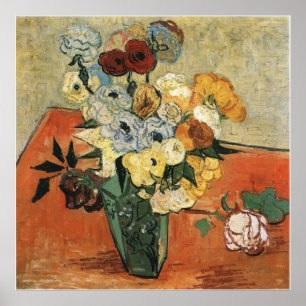 Still Life Japanese Vase with Roses and Anemones Poster