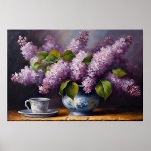 Still Life Lilac Flowers and Teacup Poster
