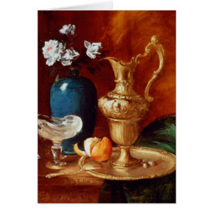 Still life of a gilt ewer, vase of flowers