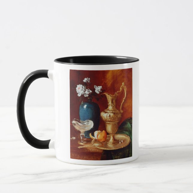 Still life of a gilt ewer, vase of flowers mug (Left)