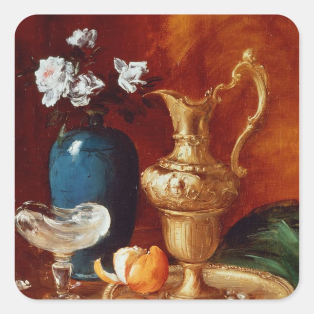 Still life of a gilt ewer, vase of flowers square sticker (Front)