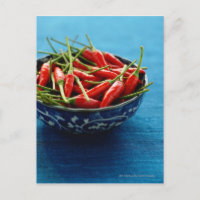 Still life of chilies in bowl on blue mat