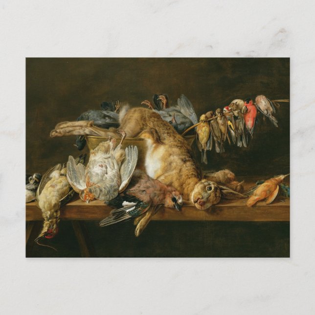 Still life of dead birds and a hare on a table postcard (Front)