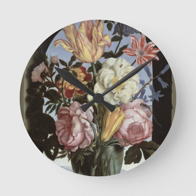 Still life of flowers in a drinking glass round clock (Front)