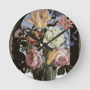Still life of flowers in a drinking glass round clock