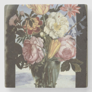 Still life of flowers in a drinking glass stone coaster