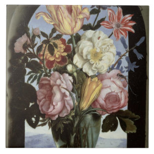 Still life of flowers in a drinking glass tile