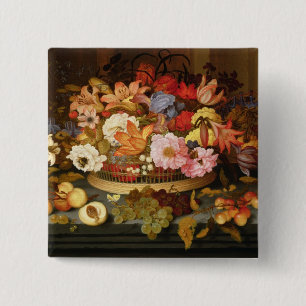 Still Life of Fruit and a Basket of Flowers 15 Cm Square Badge