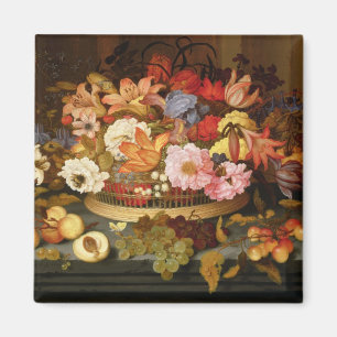 Still Life of Fruit and a Basket of Flowers Magnet