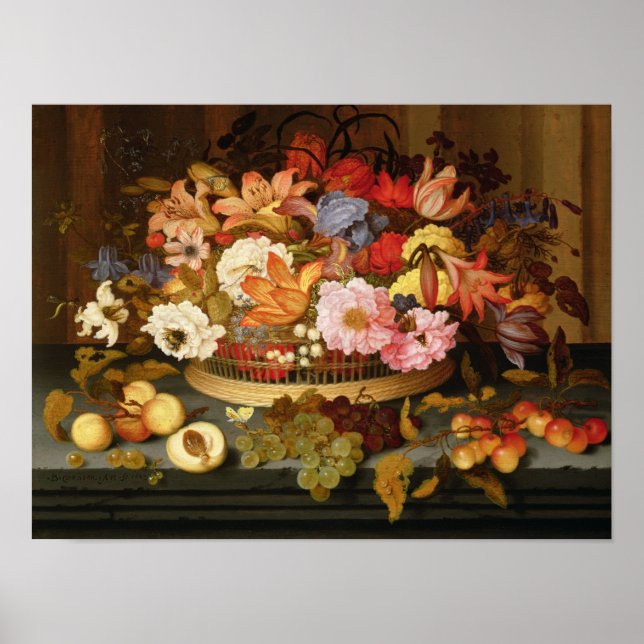 Still Life of Fruit and a Basket of Flowers Poster (Front)