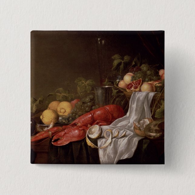 Still life of fruit and a lobster 15 cm square badge (Front)