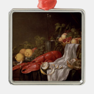 Still life of fruit and a lobster metal tree decoration