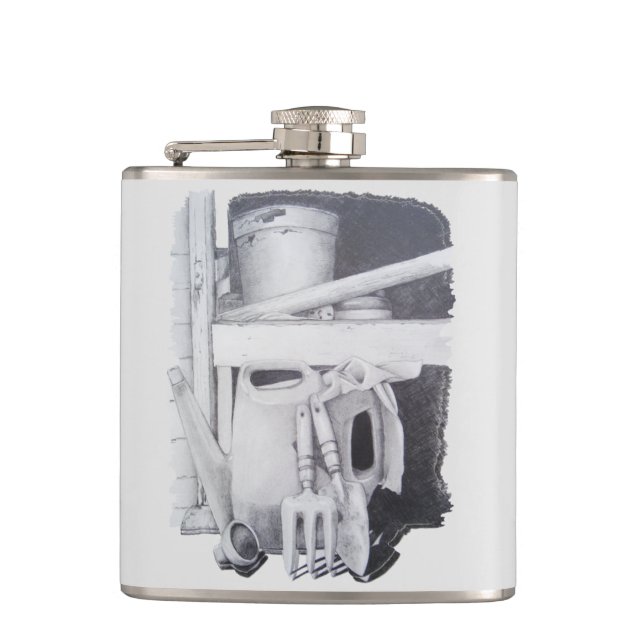 still life of gardening tools and pots gardeners hip flask (Front)