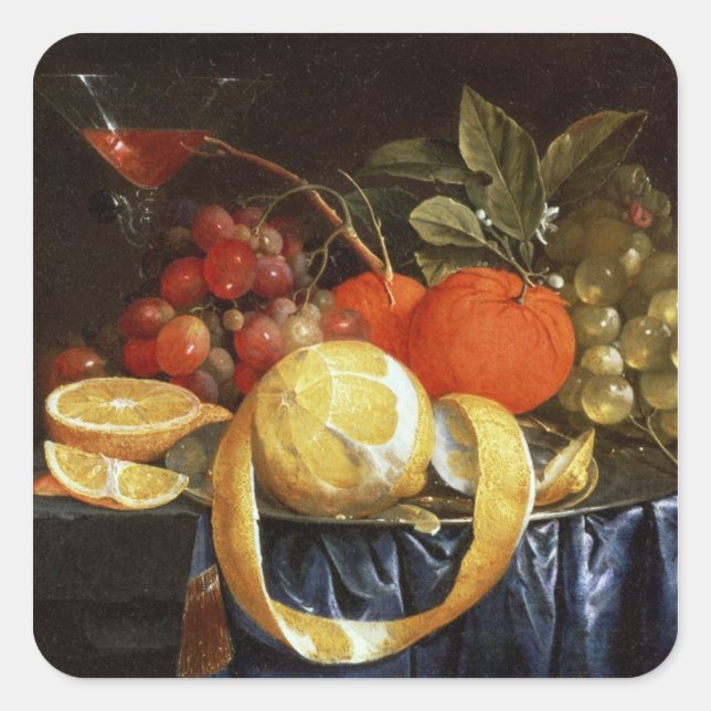 Still Life of Grapes, Oranges and a Peeled Lemon Square Sticker (Front)