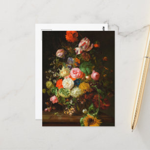 Still life of roses, tulips, a sunflower, 1710 postcard