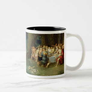 Still life of shells with the Feast of the Gods Two-Tone Coffee Mug