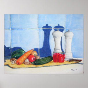 still life painting vegetables on chopping board poster