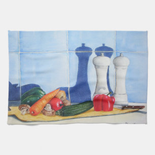 still life painting vegetables on chopping board tea towel