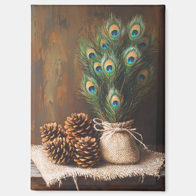 Still Life Peacock Feathers Pinecones Magnet (Front)