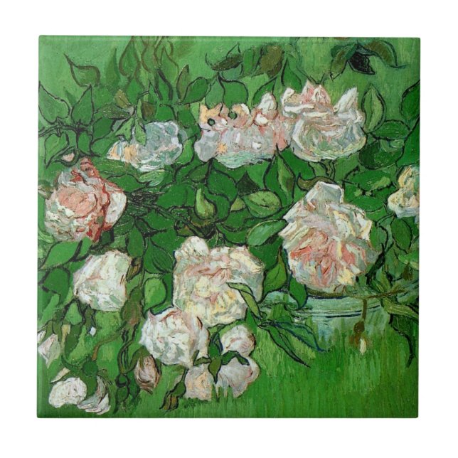Still Life: Pink Roses by Vincent van Gogh Ceramic Tile (Front)