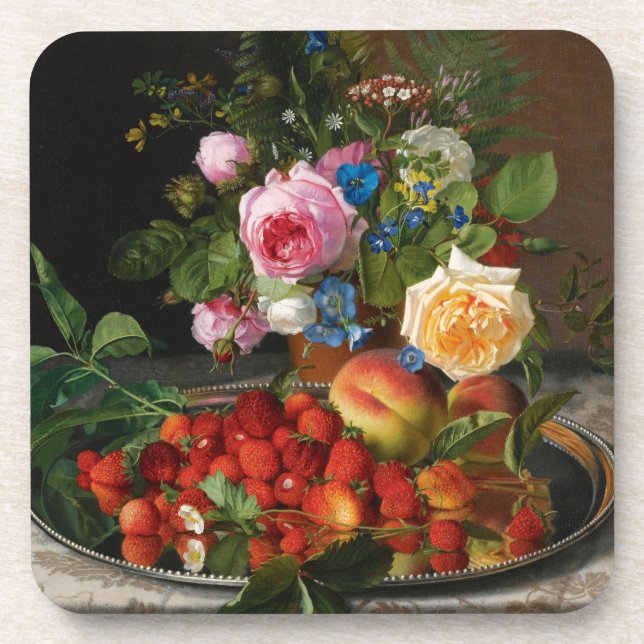 Still Life Roses and Strawberries by Otto Ottesen Coaster (Front)
