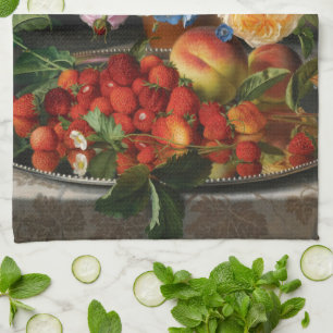 Still Life Roses and Strawberries by Otto Ottesen Tea Towel