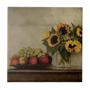 Still Life, Sunflowers in Vase, Fruit in Bowl Ceramic Tile