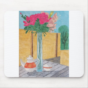 Still Life. The vase with Flowers, a tea pot and a Mouse Pad