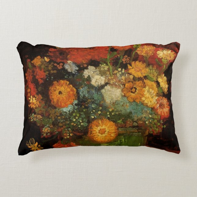 Still Life Vase with Zinnias by Vincent van Gogh Decorative Cushion (Front)