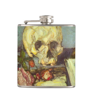 Still Life w Skull, Candle, Book By Paul Cezanne Hip Flask