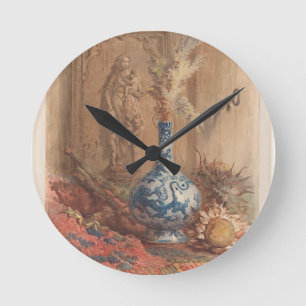 Still life with a Chinese vase and dried sunflower Round Clock