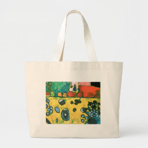 Still life with a colourful tablecloth large tote bag