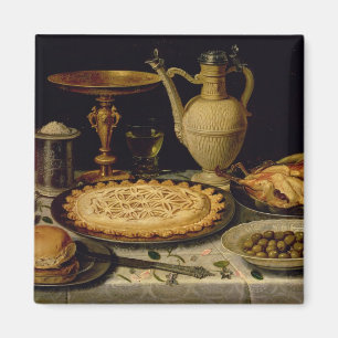 Still life with a tart,chicken, bread and olives magnet