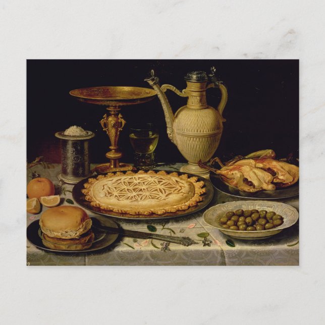 Still life with a tart,chicken, bread and olives postcard (Front)