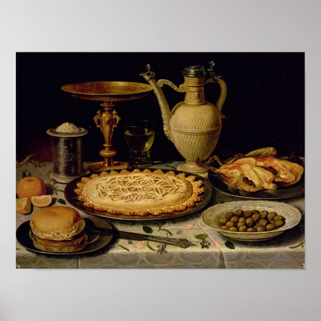 Still life with a tart,chicken, bread and olives poster (Front)