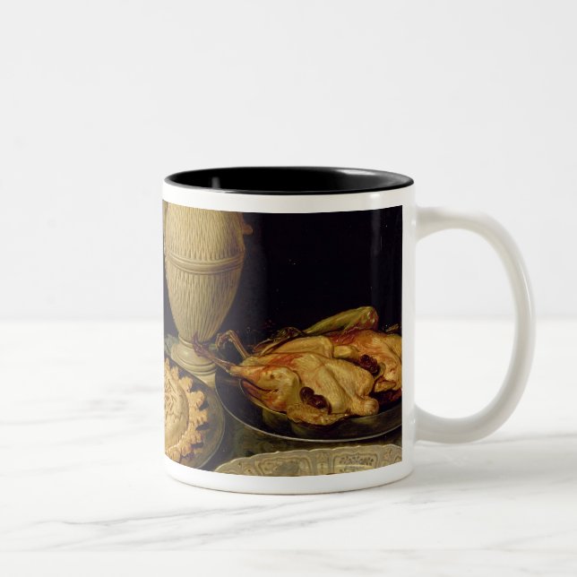 Still life with a tart,chicken, bread and olives Two-Tone coffee mug (Right)