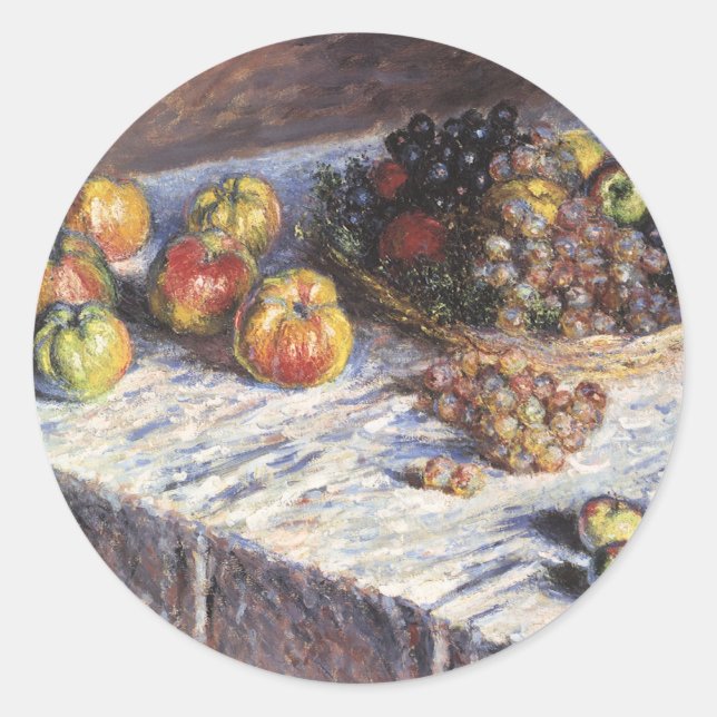 Still Life with Apples and Grapes by Claude Monet Classic Round Sticker (Front)
