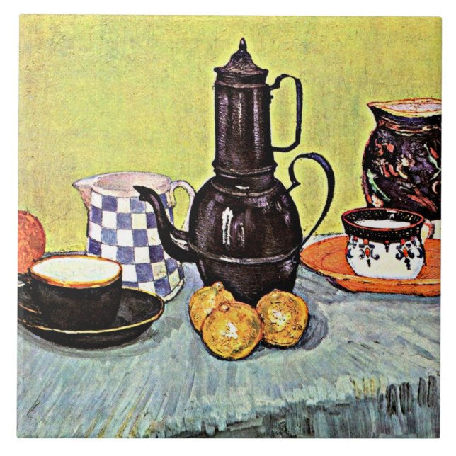 Still Life with Blue Enamel Coffeepot Ceramic Tile (Front)
