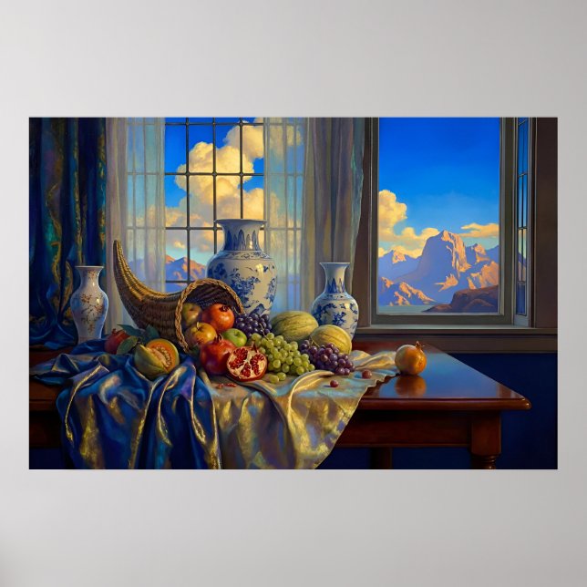 Still Life with Blue Window and Distant Peaks Poster (Front)