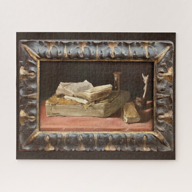Still life with books and hourglass - oil painting jigsaw puzzle (Horizontal)