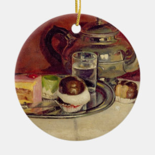 Still Life with Cakes and a Silver Teapot (oil on Ceramic Tree Decoration