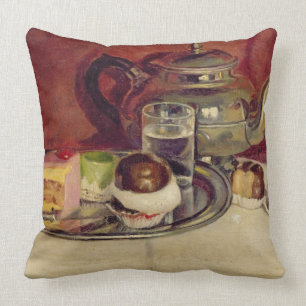 Still Life with Cakes and a Silver Teapot (oil on Cushion