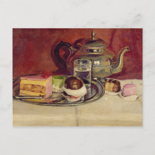 Still Life with Cakes and a Silver Teapot (oil on Postcard