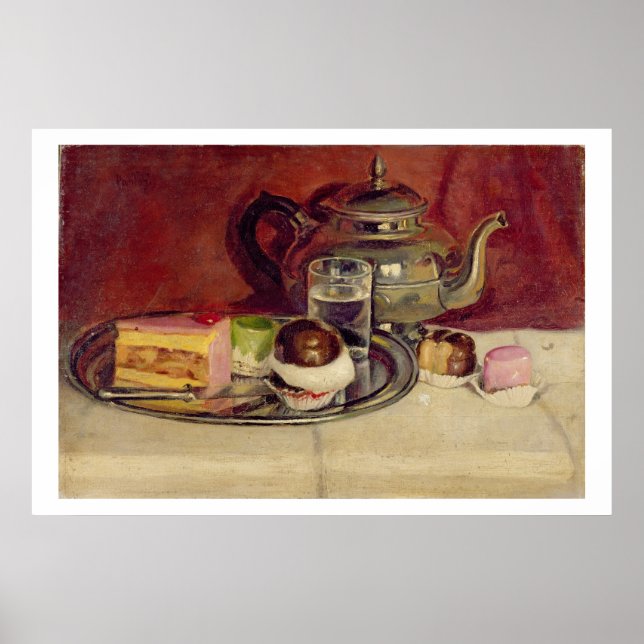 Still Life with Cakes and a Silver Teapot (oil on Poster (Front)